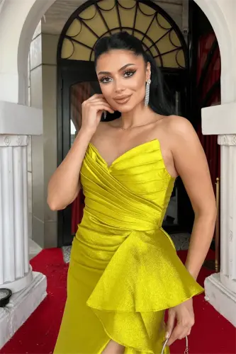 Organza Satin Fabric Back Tie Evening Dress - Pistachio Green - 3