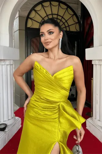 Organza Satin Fabric Back Tie Evening Dress - Pistachio Green - 4