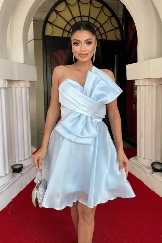 Organza Satin Fabric Bow Detailed Mini Dress - BABY BLUE - 4
