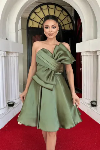 Organza Satin Fabric Bow Detailed Mini Dress - KHAKI GREEN - 3