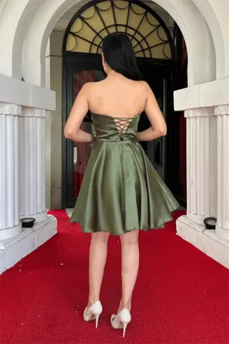 Organza Satin Fabric Bow Detailed Mini Dress - KHAKI GREEN - 5