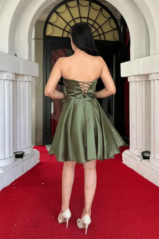 Organza Satin Fabric Bow Detailed Mini Dress - KHAKI GREEN - 5