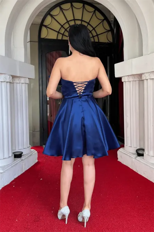 Organza Satin Fabric Bow Detailed Mini Dress - NAVY BLUE - 5