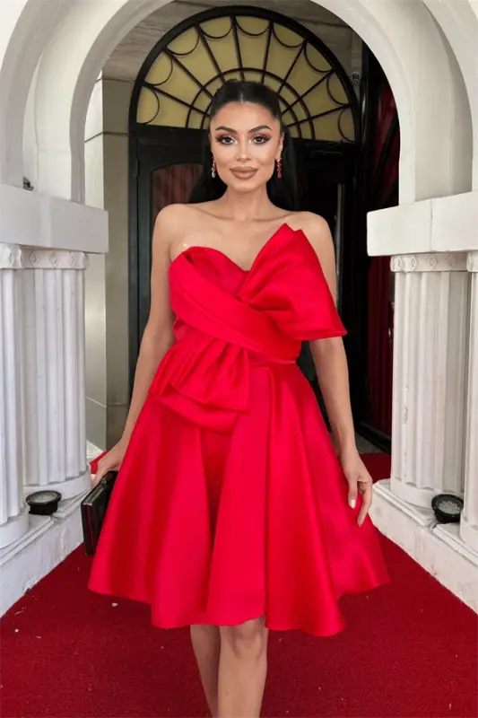 Organza Satin Fabric Bow Detailed Mini Dress - RED - 4