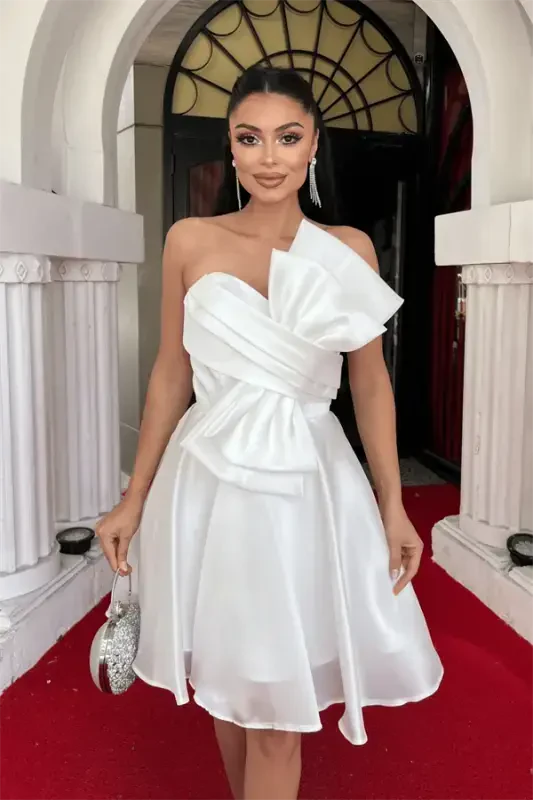 Organza Satin Fabric Bow Detailed Mini Dress - WHITE - 3