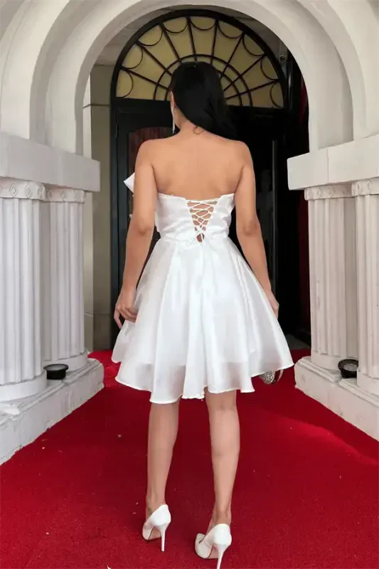 Organza Satin Fabric Bow Detailed Mini Dress - WHITE - 5