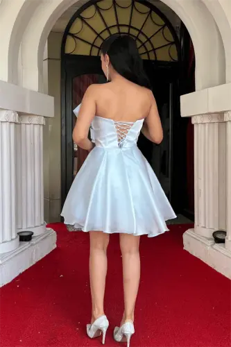 Organza Satin Mato Gazlama Bant Tafsilotli Mini Ko'ylak - GO'DAK Moviy - 5