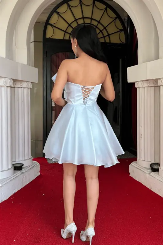 Organza Satin Mato Gazlama Bant Tafsilotli Mini Ko'ylak - GO'DAK Moviy - 5