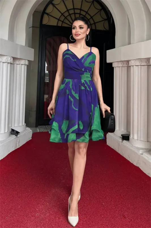 Organza Shifon Mato Naqshli Mini Ko'ylak - Binafsha - BÜYÜKBEDENIZ