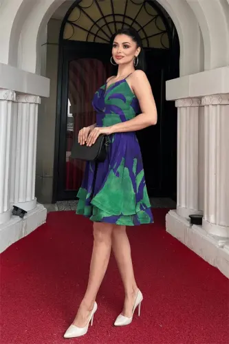 Organza Shifon Mato Naqshli Mini Ko'ylak - Binafsha - BÜYÜKBEDENIZ (1)