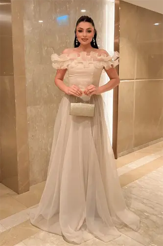 Organza Shifon Mato Volan Detalli Kechki Libos - BEJ - 1