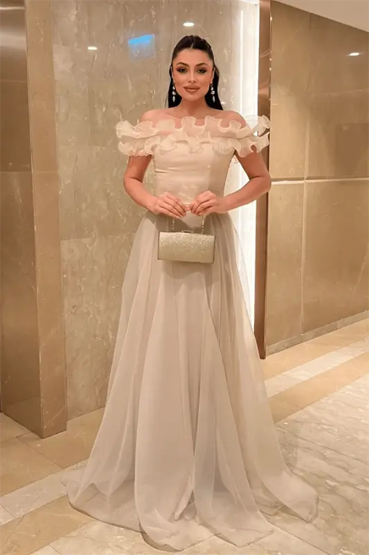 Organza Shifon Mato Volan Detalli Kechki Libos - BEJ - 1