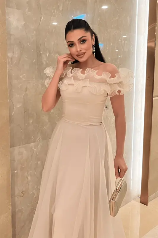 Organza Shifon Mato Volan Detalli Kechki Libos - BEJ - 4