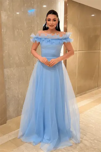 Organza Shifon Mato Volan Detalli Kechki Libos - Chaqaloq Ko'k - 1