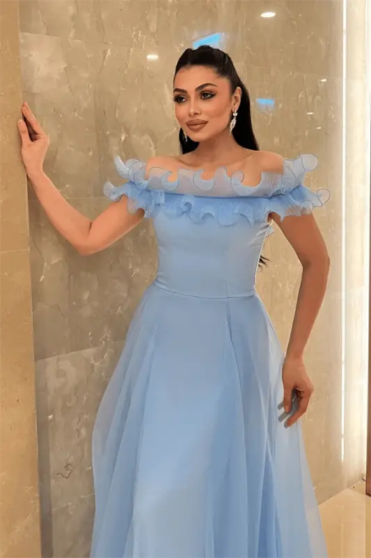 Organza Shifon Mato Volan Detalli Kechki Libos - Chaqaloq Ko'k - 3