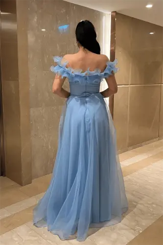 Organza Shifon Mato Volan Detalli Kechki Libos - Chaqaloq Ko'k - 5