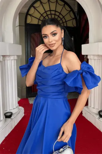 Органза Тюль Ткань Миди Платье со Спиной - ЛАЗУРНЫЙ - 3