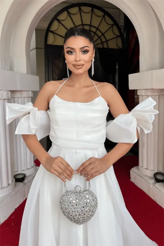 Organza toʻrli matodan tikilgan, orqa qismi detalli midi koʻylak - OQ - 3