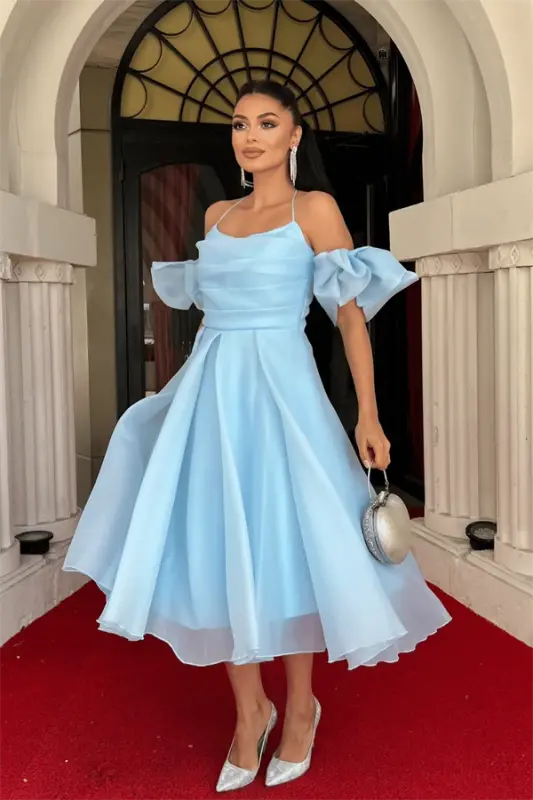 Organza Tulle Fabric Back Detailed Midi Dress - BABY BLUE - 2