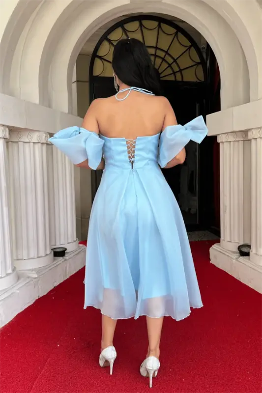 Organza Tulle Fabric Back Detailed Midi Dress - BABY BLUE - 5