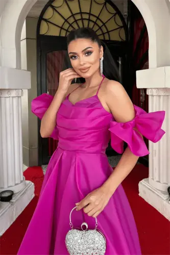 Organza Tulle Fabric Back Detailed Midi Dress - FUCHSIA - 3