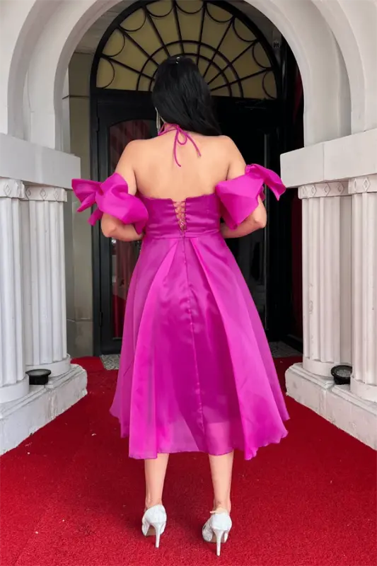 Organza Tulle Fabric Back Detailed Midi Dress - FUCHSIA - 5