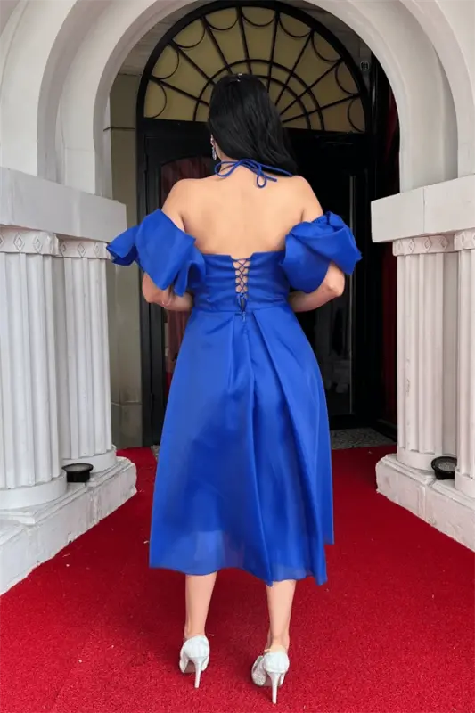 Organza Tulle Fabric Back Detailed Midi Dress - SAX BLUE - 6