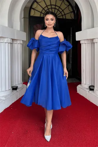 Organza Tulle Fabric Back Detailed Midi Dress - SAX BLUE - 1