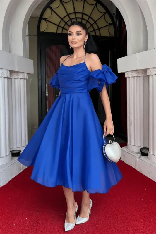 Organza Tulle Fabric Back Detailed Midi Dress - SAX BLUE - 2