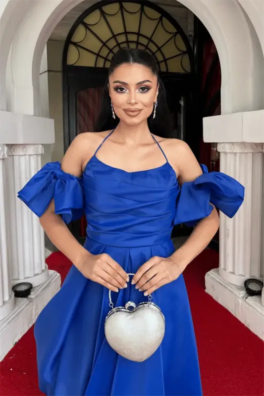 Organza Tulle Fabric Back Detailed Midi Dress - SAX BLUE - 4