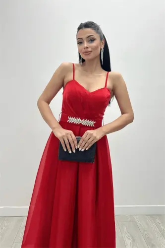 Organze Dalya Kumaş Prenses Elbise - KIRMIZI - 1