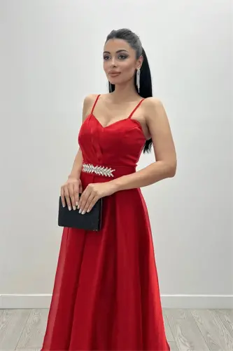 Organze Dalya Kumaş Prenses Elbise - KIRMIZI - BÜYÜKBEDENIZ (1)