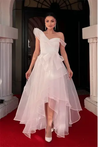 Organze Kumaş Kat Kat Abiye Elbise - BEYAZ - 2
