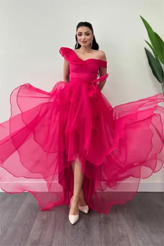 Organze Kumaş Kat Kat Abiye Elbise - FUŞYA - BÜYÜKBEDENIZ (1)