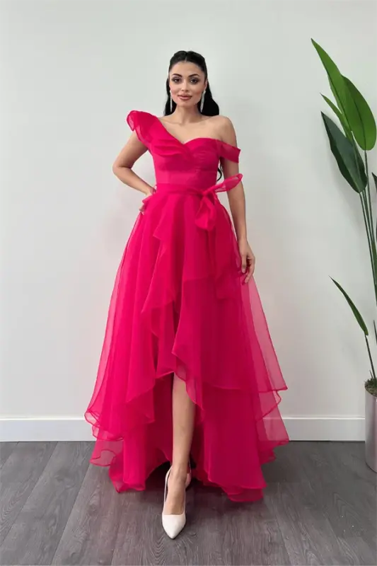 Organze Kumaş Kat Kat Abiye Elbise - FUŞYA - BÜYÜKBEDENIZ
