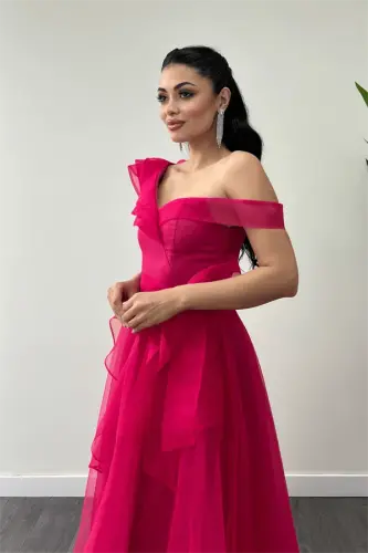 Organze Kumaş Kat Kat Abiye Elbise - FUŞYA - 4