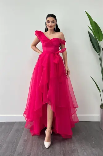 Organze Kumaş Kat Kat Abiye Elbise - FUŞYA - 1