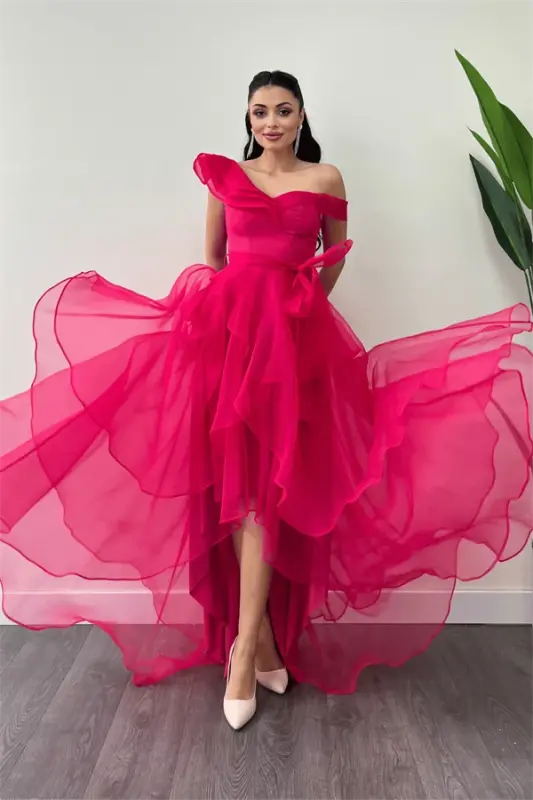 Organze Kumaş Kat Kat Abiye Elbise - FUŞYA - 2