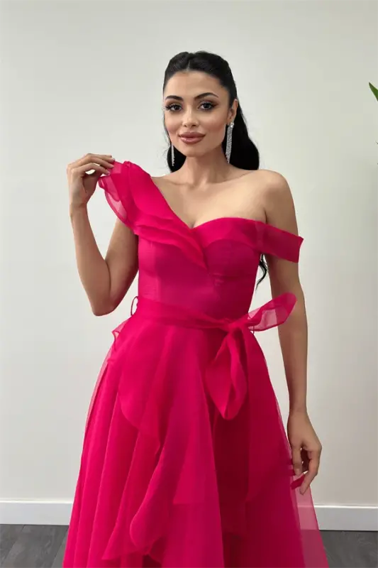 Organze Kumaş Kat Kat Abiye Elbise - FUŞYA - 3