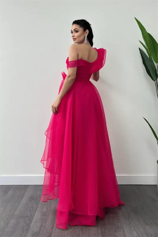 Organze Kumaş Kat Kat Abiye Elbise - FUŞYA - 4