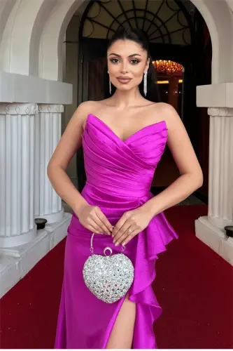 Organze Saten Kumaş Sırt İpli Abiye Elbise - FUŞYA - 4