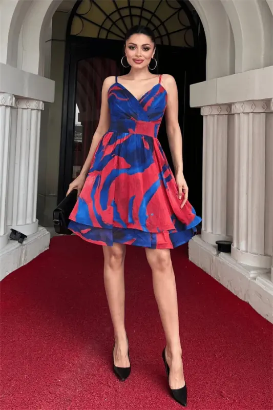 Organze Sifon Kumaş Desenli Mini Elbise - SAKS MAVİ - BÜYÜKBEDENIZ