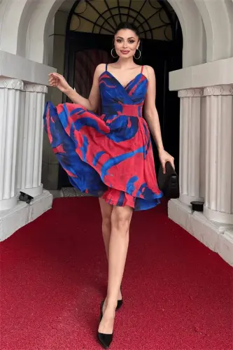 Organze Sifon Kumaş Desenli Mini Elbise - SAKS MAVİ - BÜYÜKBEDENIZ (1)