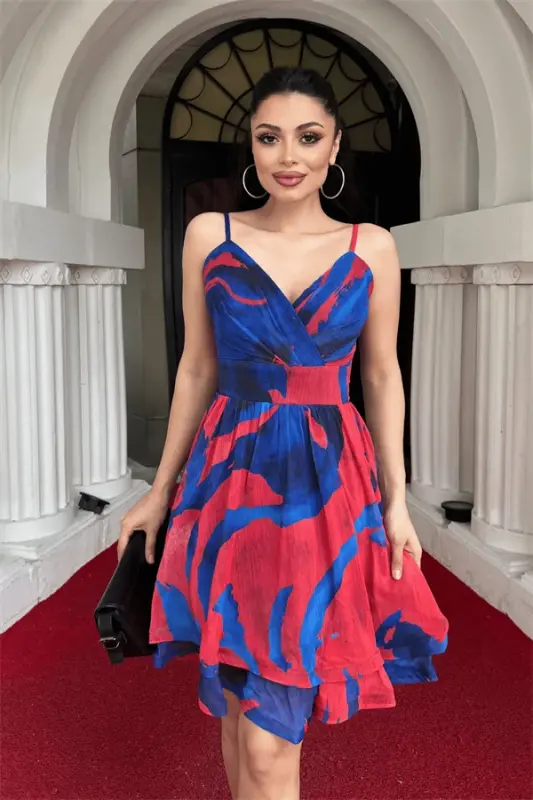 Organze Sifon Kumaş Desenli Mini Elbise - SAKS MAVİ - 3