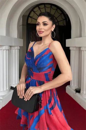 Organze Sifon Kumaş Desenli Mini Elbise - SAKS MAVİ - 4