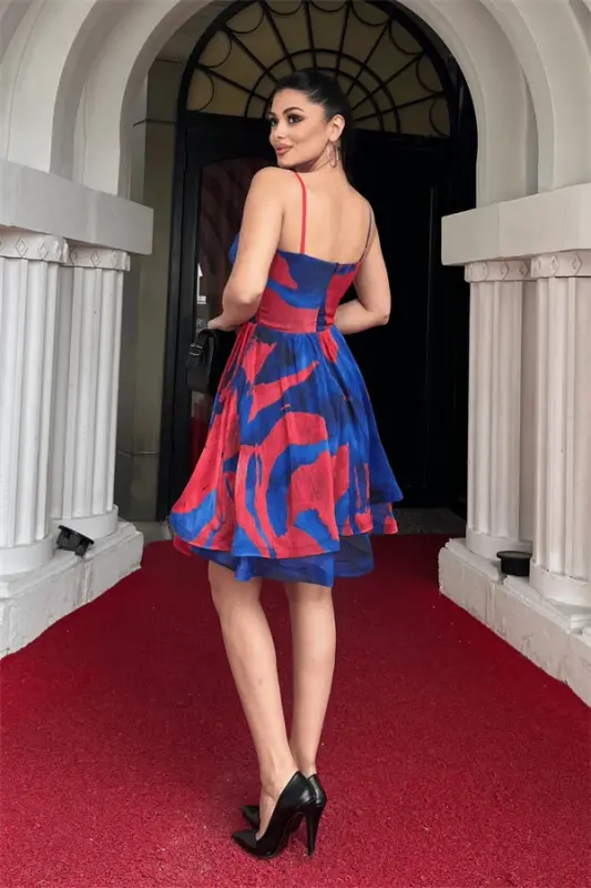 Organze Sifon Kumaş Desenli Mini Elbise - SAKS MAVİ - 5