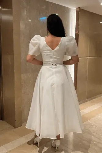 Organze Şifon Kumaş Kısa Kol Midi Boy Elbise - BEYAZ - 5