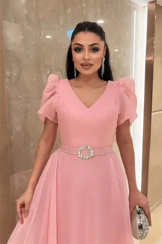 Organze Şifon Kumaş Kısa Kol Midi Boy Elbise - PEMBE - 4