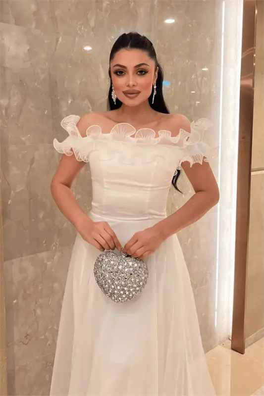 Organze Şifon Kumaş Volan Detaylı Abiye Elbise - BEYAZ - 3