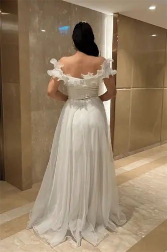 Organze Şifon Kumaş Volan Detaylı Abiye Elbise - BEYAZ - 5